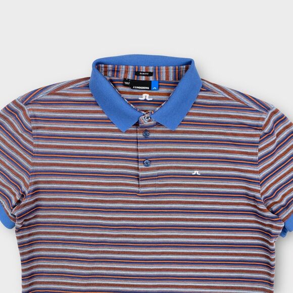 $115 J Lindeberg Polo Shirt Mens Large Striped Dev Slim Lux Pique Logo Golf - Picture 3 of 9